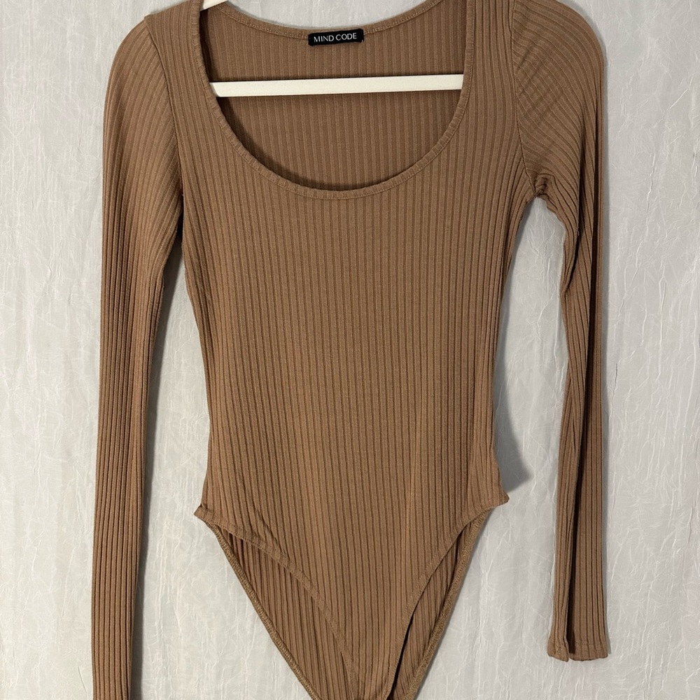 Mind Code Tan Ribbed Long Sleeve Bodysuit